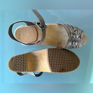 New, unworn, handmade leather & wood clog sandals